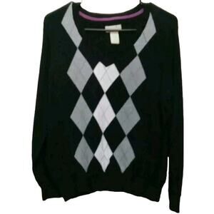 VTG Womens Argyle Sweater XL Black White Caribbean Joe Tennis Prep Academia 90s